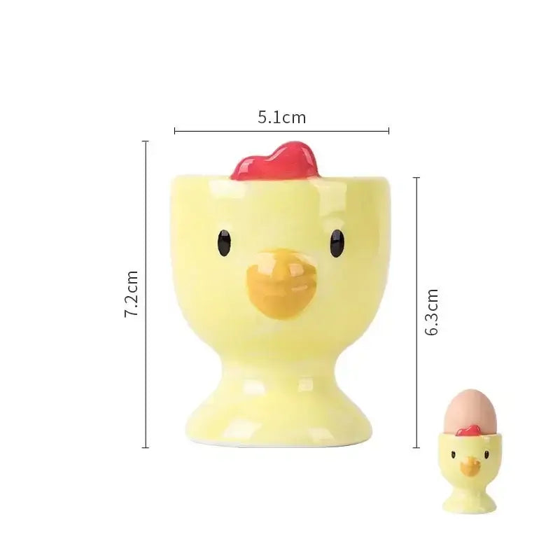 Decorbites™ yellow ceramic egg cup holder shaped like a chick with black eyes red comb for kids breakfast tableware