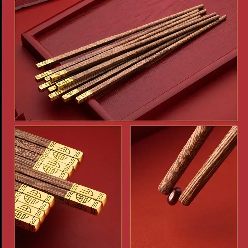 DecorBites™ chicken-wing wood chopsticks set with elegant golden decorative ends featuring traditional Chinese patterns