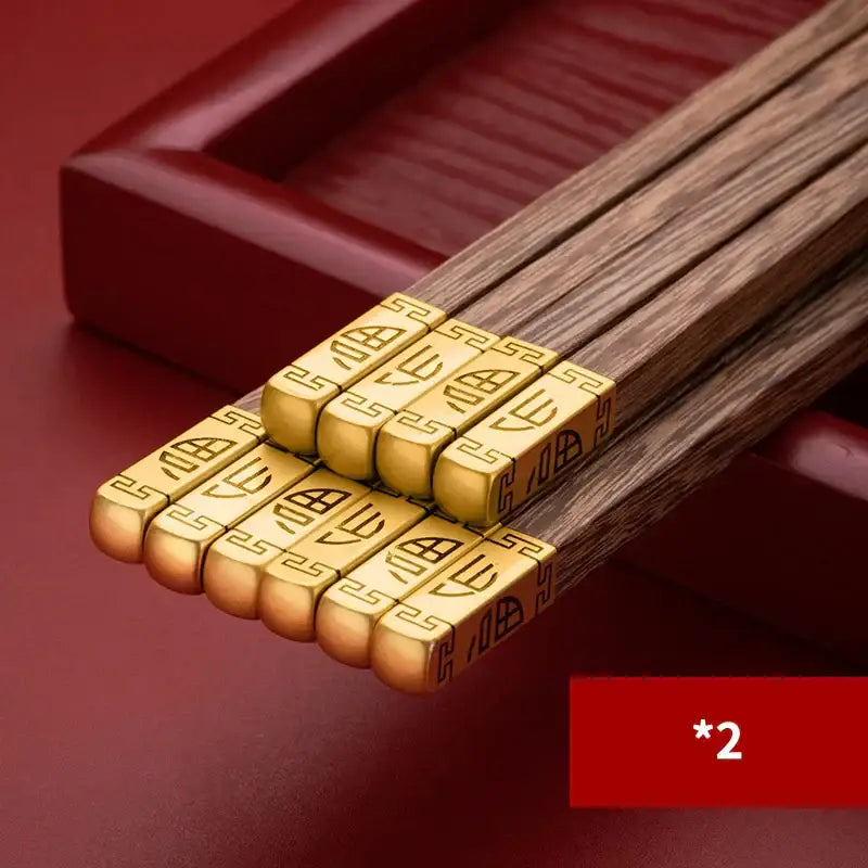 Decorbites™ chicken-wing wood chopsticks set with golden engraved ends featuring traditional chinese characters and patterns