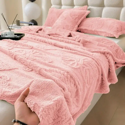 Pink plush throw blanket with textured raised floral patterns from decorbites chiffon butterfly jacquard collection