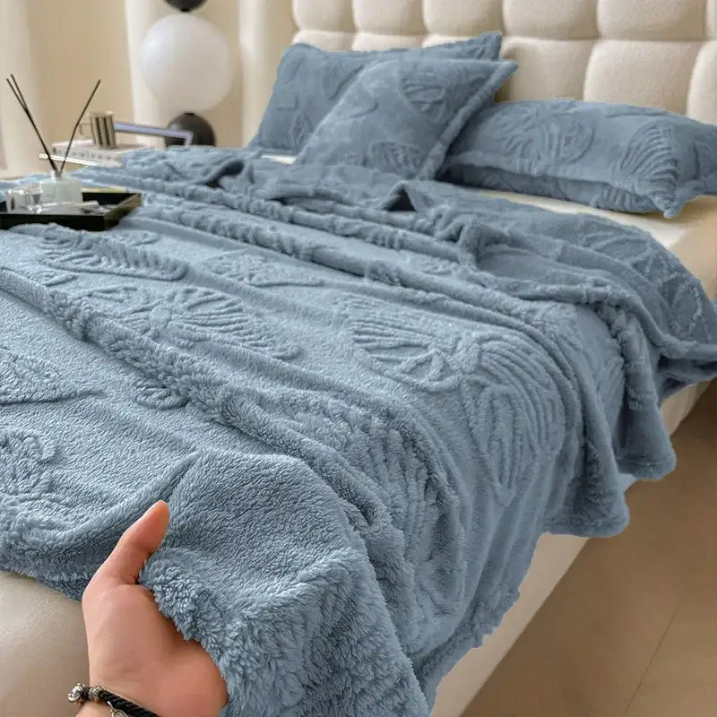 Soft light blue decorbites chiffon butterfly jacquard throw blanket with raised shell and leaf embroidery for couch or bed