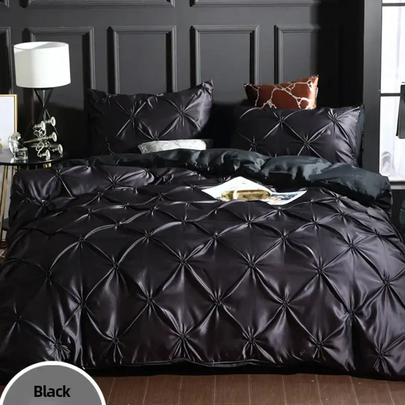 Black satin quilted duvet cover set with glossy finish and diamond-stitched pattern in soft polyester material