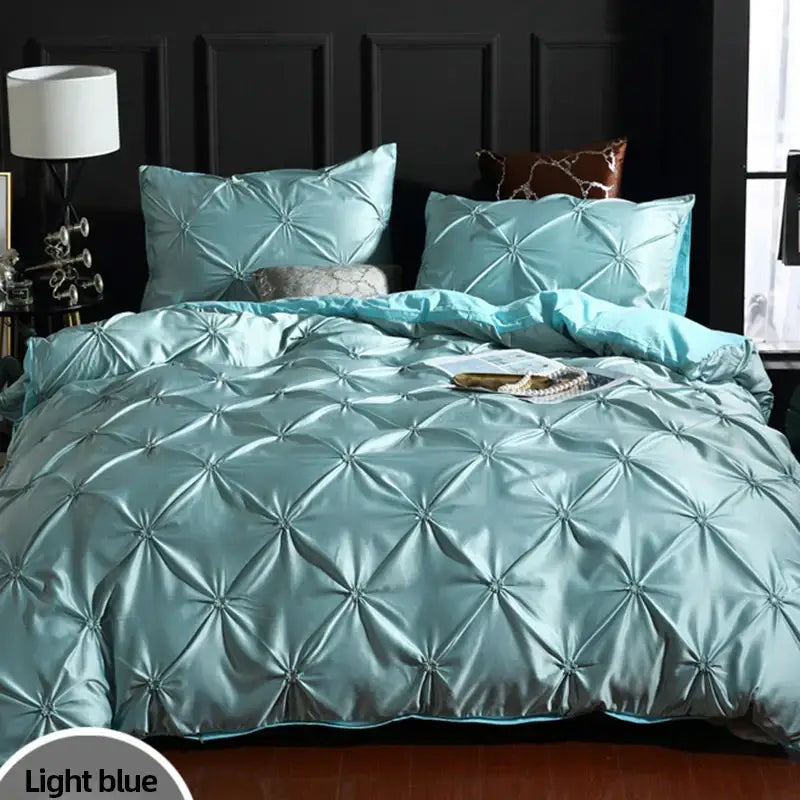 Light blue satin polyester duvet cover set with diamond-stitched pattern from decorbites chiffon flower design collection