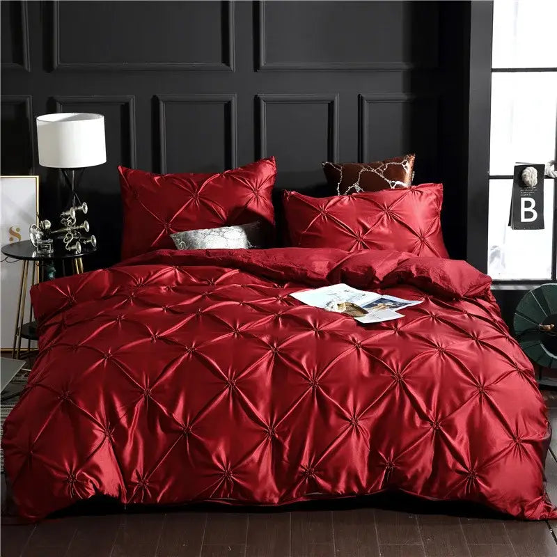 Decorbites™ chiffon flower design crimson satin quilted duvet cover set with diamond-stitched detailing in polyester