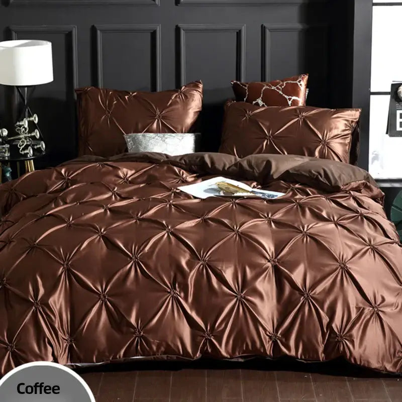 Coffee-colored satin quilted duvet cover set with glossy diamond-stitched pattern in soft polyester material