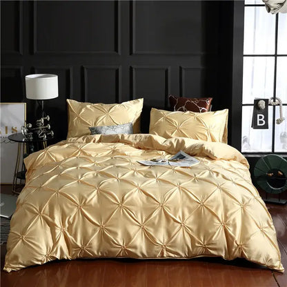 DecorBites gold satin quilted duvet cover set with diamond-stitched pattern soft polyester bedding