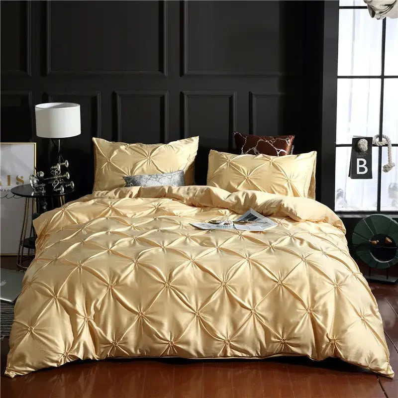 DecorBites gold satin quilted duvet cover set with diamond-stitched pattern soft polyester bedding
