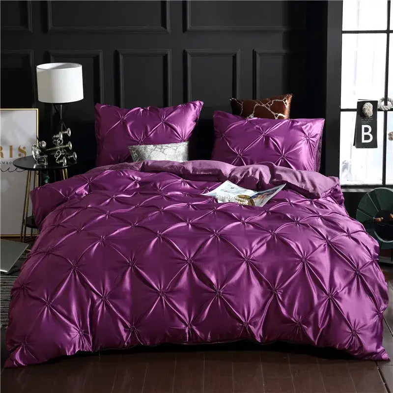 Decorbites™ chiffon flower design lustrous purple satin quilted duvet cover set with diamond stitch pattern polyester bedding