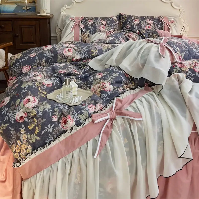 DecorBites chiffon lace ruffles bedding set in dark gray with pink floral pattern and ruffled edges made of Egyptian cotton