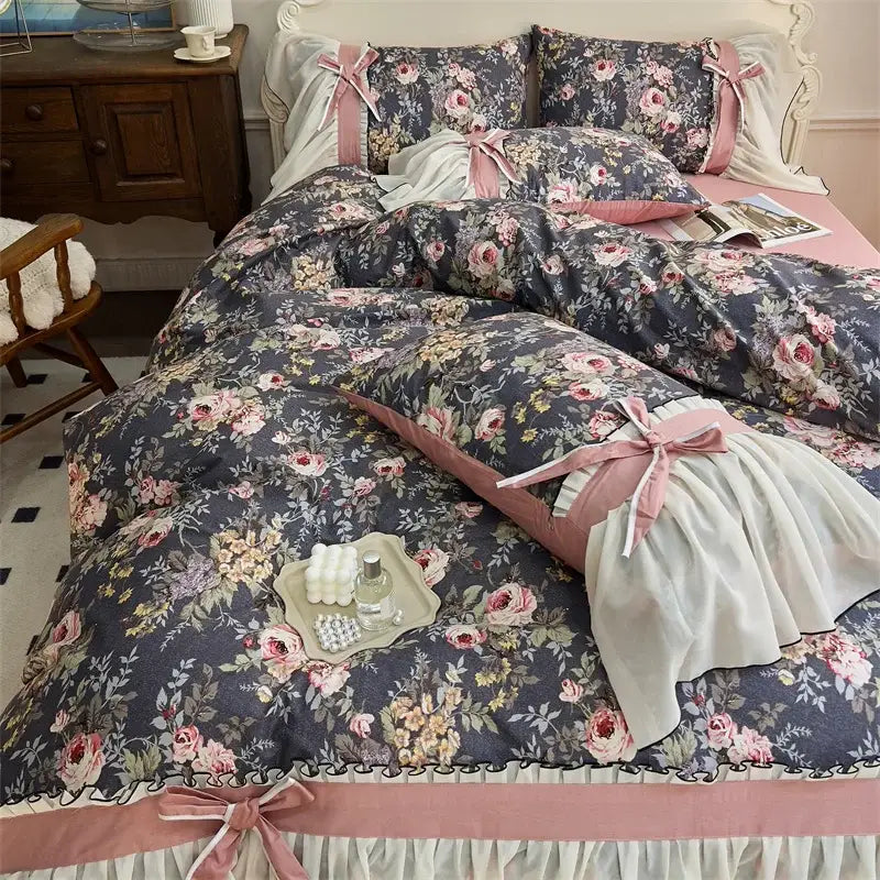 Dark gray floral bedding set with pink cream accents chiffon lace ruffles and satin bows decorbites chiffon lace