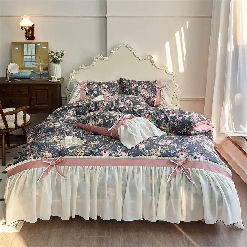 DecorBites chiffon lace ruffles bedding set with floral dark gray fabric pink ribbon accents and white ruffled skirt