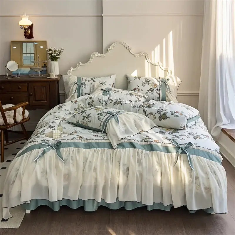 Decorbites chiffon lace bedding set in ivory and teal with chiffon lace ruffles ribbon ties made of egyptian cotton