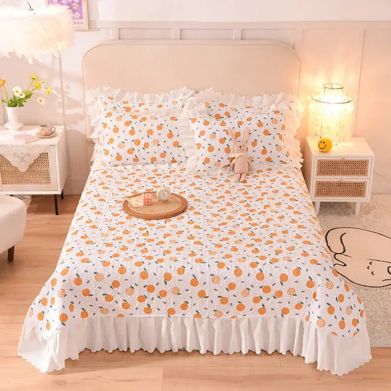 White decorbites chiffon quilted queen bed spread set with orange citrus fruit pattern and ruffled edges cotton cover