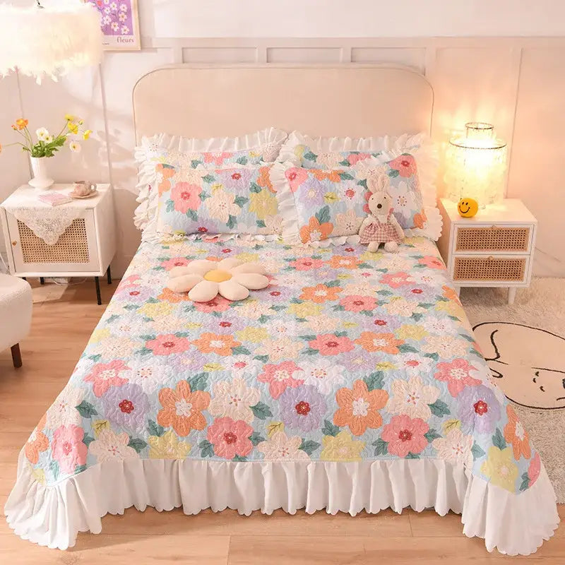 Pastel floral decorbites chiffon quilted bed spread set queen size cotton with ruffled edges and embroidered blossoms