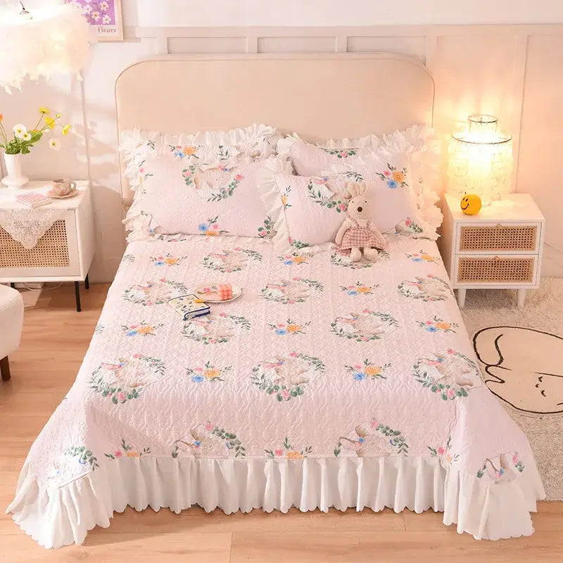 Pink floral decorbites chiffon quilted bed spread set with ruffled edges and embroidered bunny designs in cotton