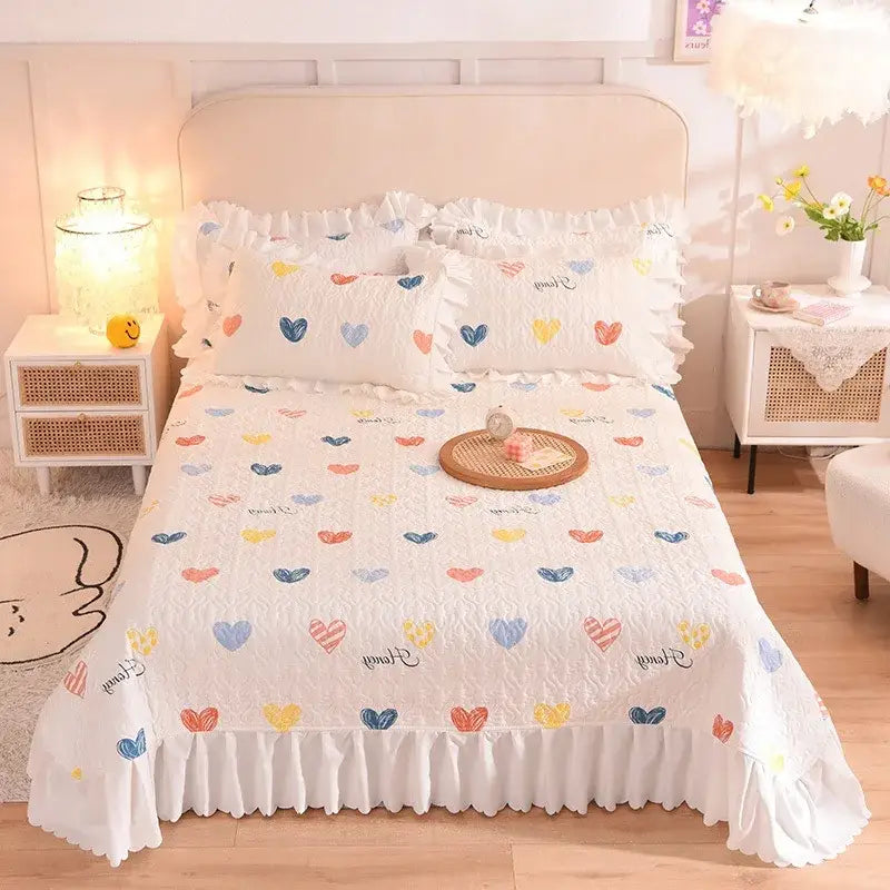 Decorbites chiffon quilted bedspread set queen size white cotton with colorful heart patterns and ruffled edges