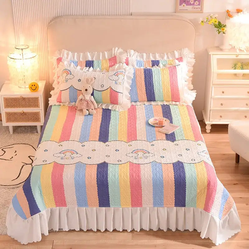 Decorbites chiffon quilted queen size bed spread with rainbow stripes white ruffled edges and cloud embroidery
