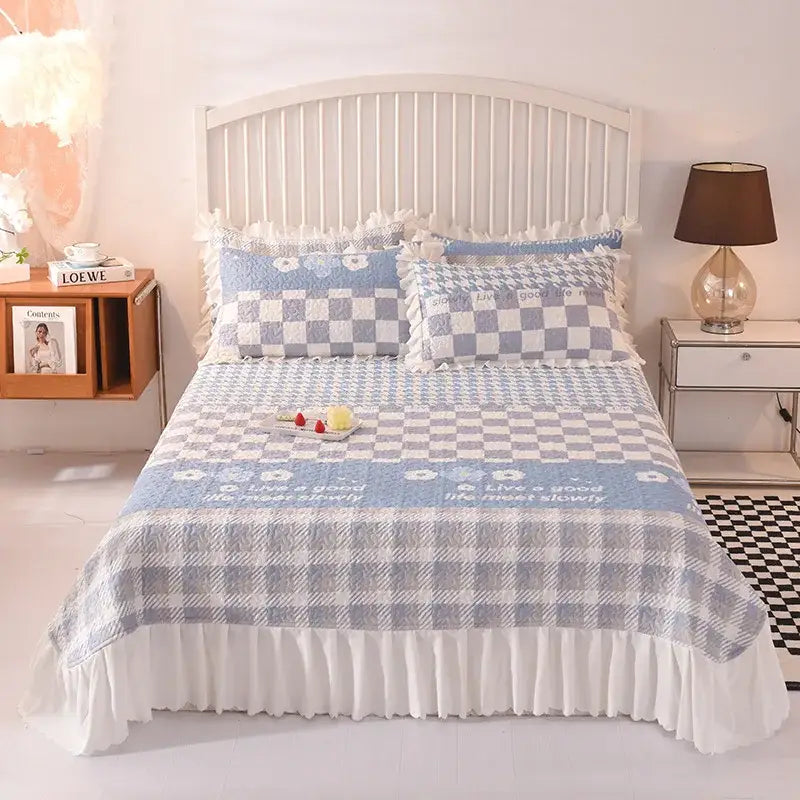 Blue and white checkered decorbites chiffon quilted bed spread queen size cotton with ruffled edges and floral embroidery