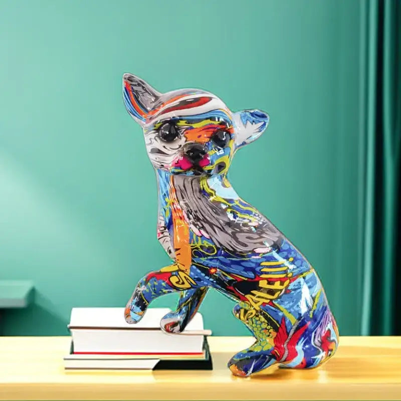 DecorBites™ chihuahua dog ornament resin handicraft with vibrant blue red yellow and black abstract graffiti art design 18cm