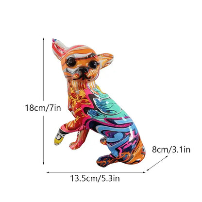 Vibrant glossy resin chihuahua dog ornament with psychedelic orange teal pink and black swirls for home decor