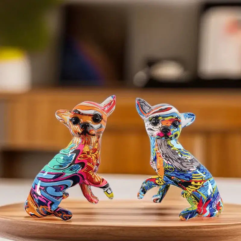 Two vibrant multicolored graffiti art chihuahua dog ornaments with glossy resin finish for home decor 18cm by decorbites