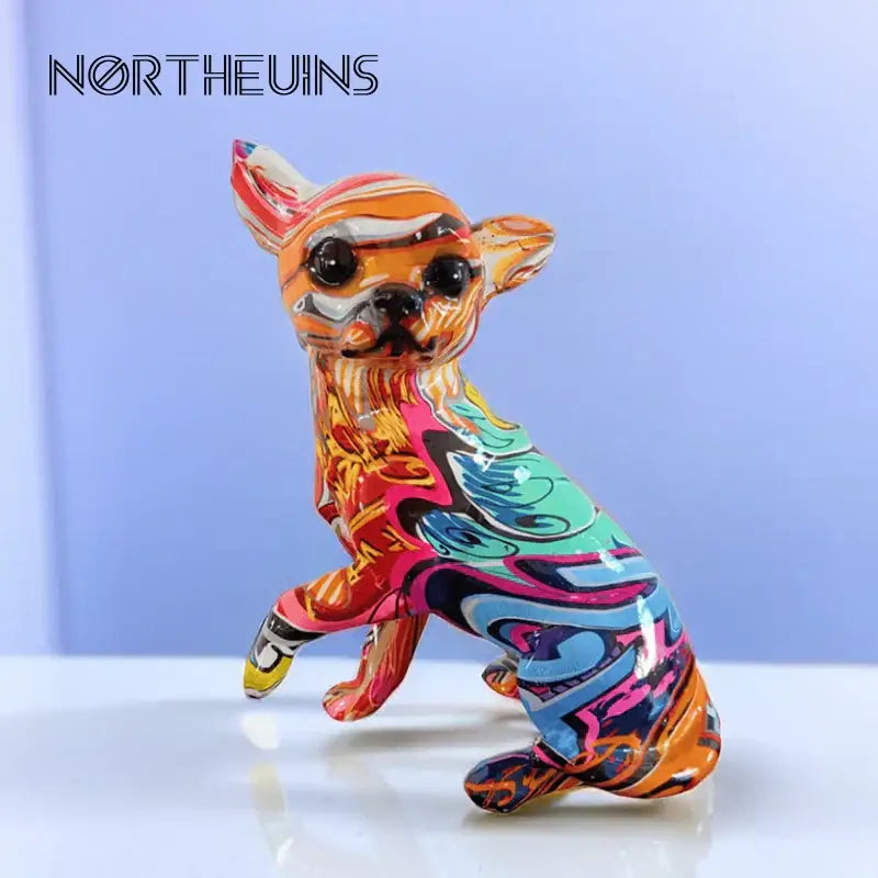 Vibrant glossy ceramic chihuahua dog ornament with psychedelic orange pink teal and black swirls by DecorBites