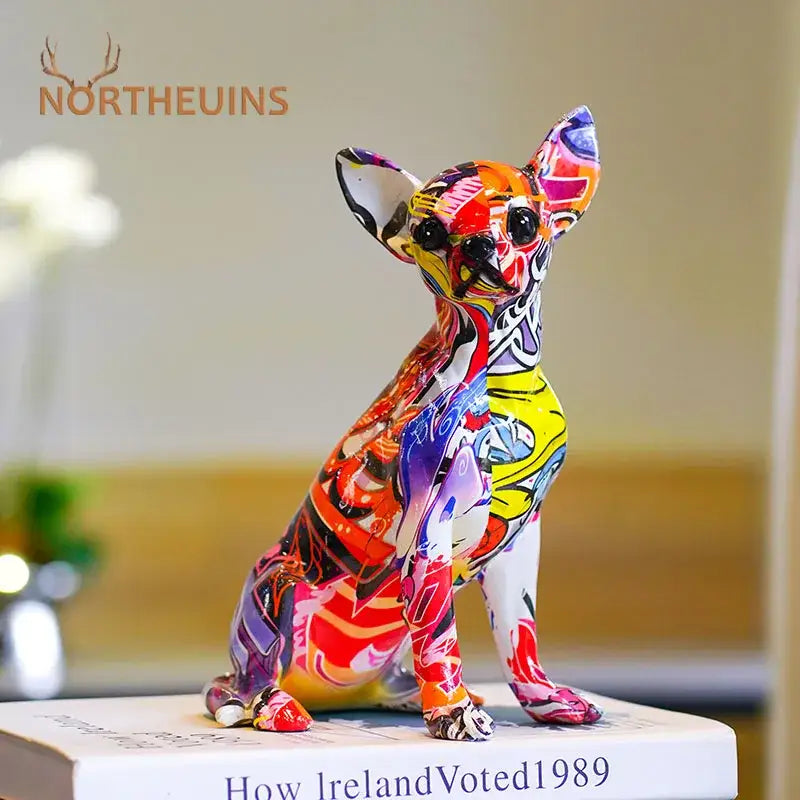 Vibrant graffiti-style chihuahua dog resin sculpture by nor theuins for decorbites home decor pop art animal statue