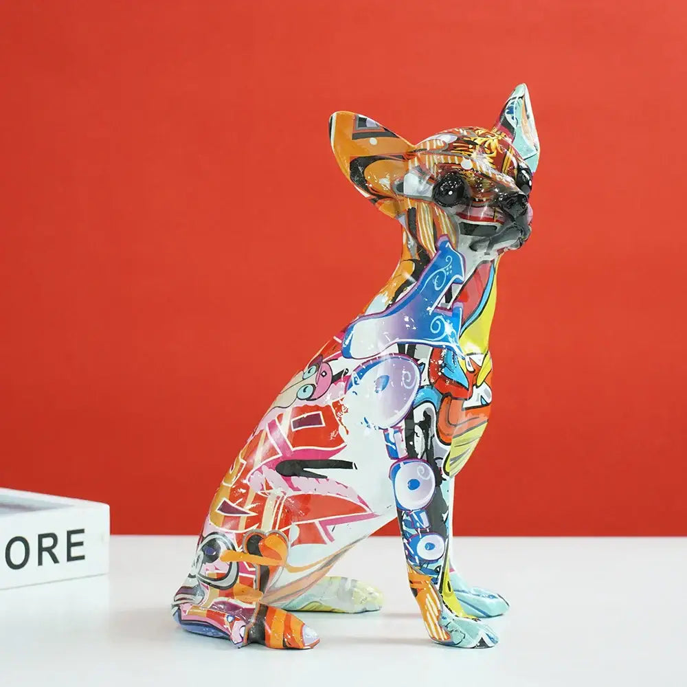 Vibrant DecorBites™ chihuahua dog resin sculpture with colorful abstract patterns and glossy pop art finish for home decor