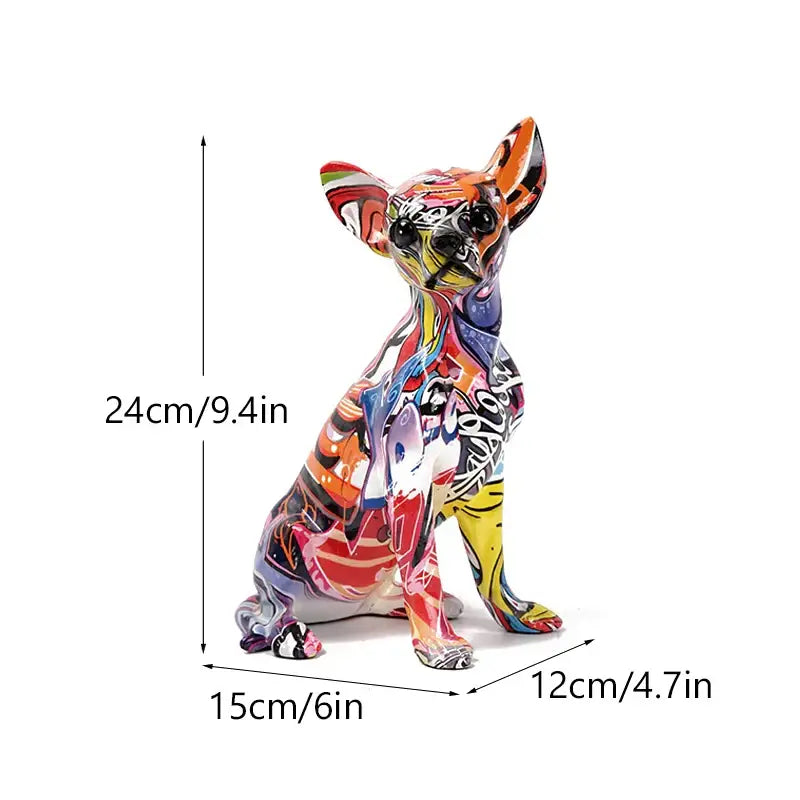 Vibrant decorbites chihuahua dog sculpture in bold orange red yellow and purple resin pop art home decor statue