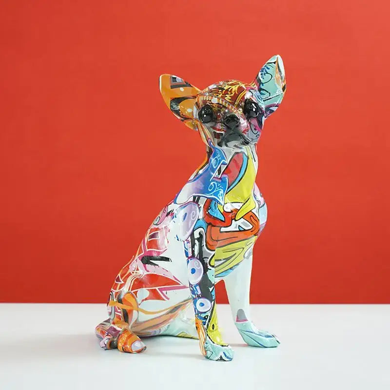 Vibrant decorbites chihuahua dog sculpture in resin with bold colors and abstract patterns for modern home decor