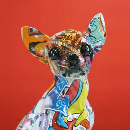 Vibrant glossy decorbites chihuahua dog sculpture in resin featuring colorful graffiti patterns for modern home decor