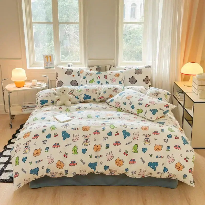 Cute white decorbites children cartoon bedding set with pastel cartoon print and double-layer yarn quilt cover