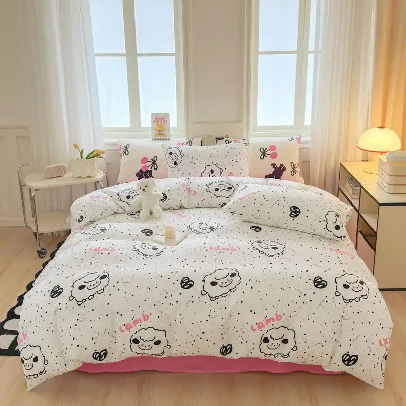 White lamb-themed duvet bedding set with black and pink accents decorbites children cartoon print quilt cover