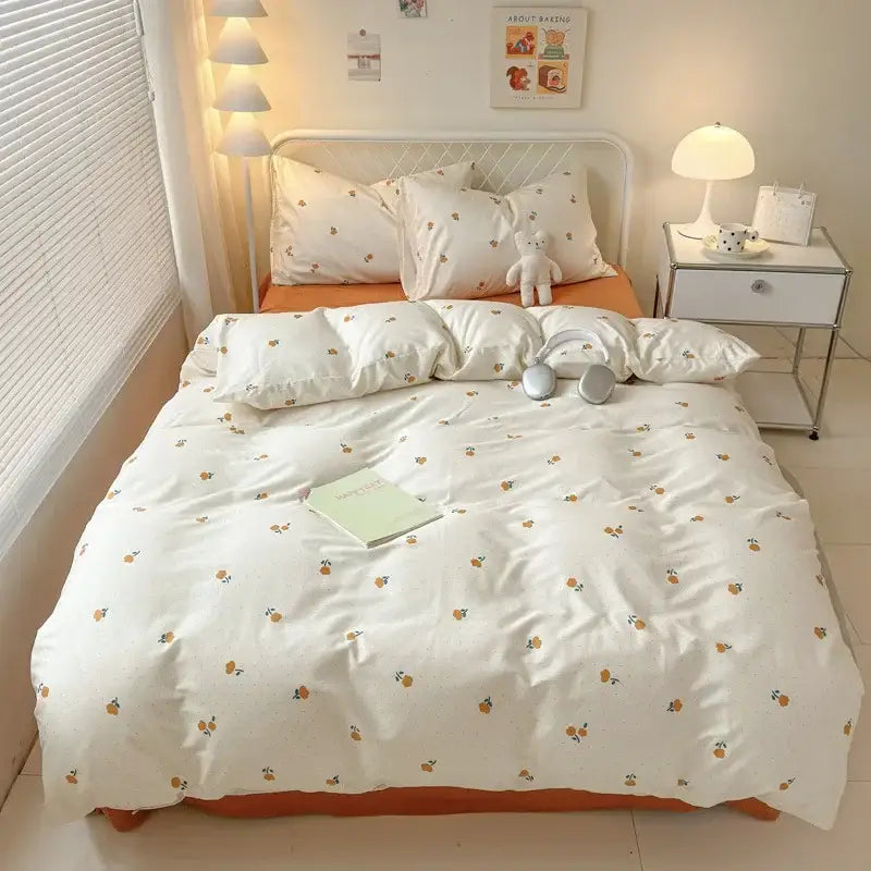 White duvet cover with small orange fruit motifs made of soft cotton in decorbites children cartoon print bedding set