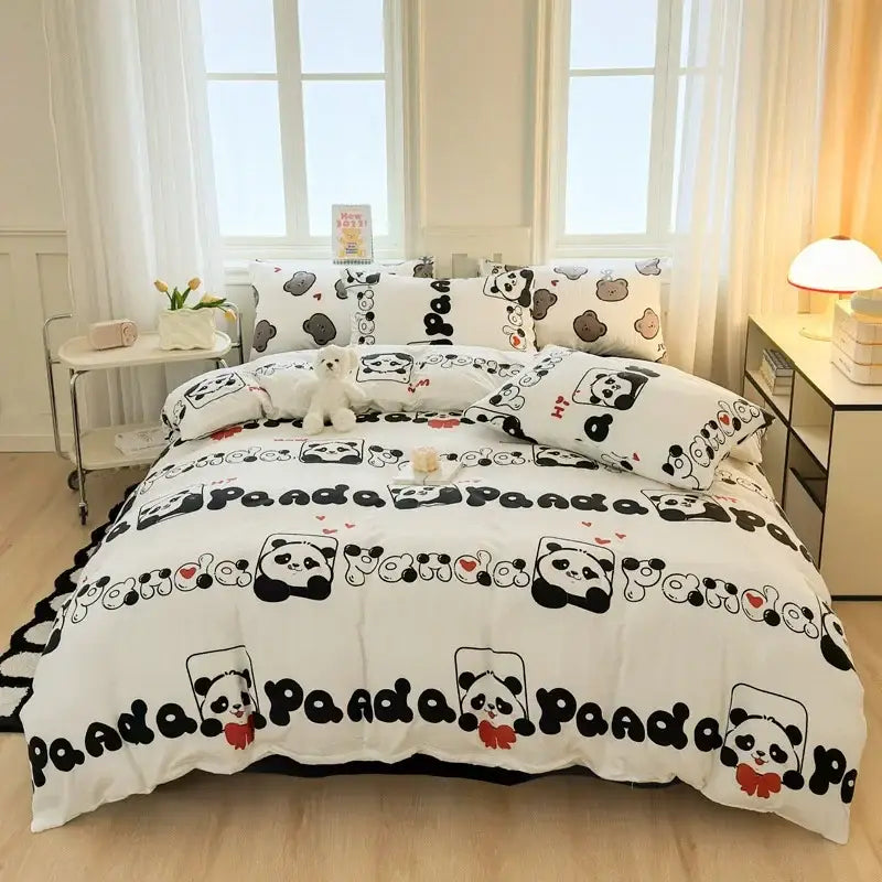 White duvet cover with black and red panda cartoon print and panda text from decorbites children cartoon bedding set