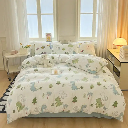Decorbites children cartoon print bedding set with pastel green and blue dinosaurs on soft double-layer yarn quilt cover