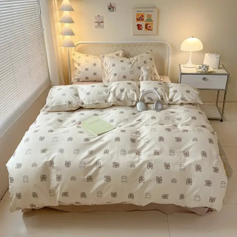 Cream-colored bedding set with gray cartoon bear print from DecorBites children cartoon double-layer yarn quilt cover