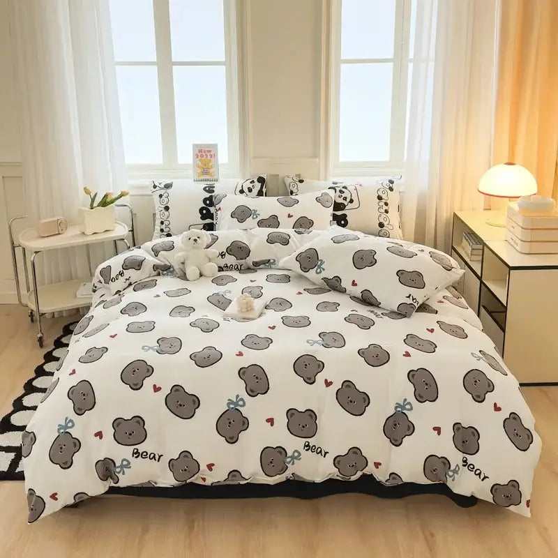 White bedding set with gray cartoon bears bows red hearts and bear print decorbites children cartoon cozy quilt cover
