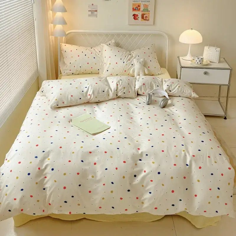 White duvet cover with colorful red blue and yellow polka dots in decorbites children cartoon print bedding set