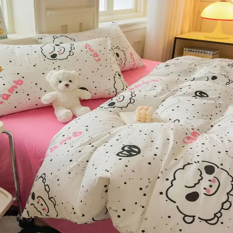 White duvet bedding set with black and pink cartoon print sheep by decorbites children cartoon for cozy decor