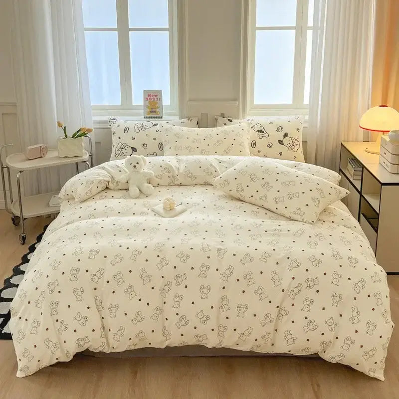 Cream-colored decorbites children cartoon bedding set with soft teddy bear pattern and double-layer yarn quilt cover