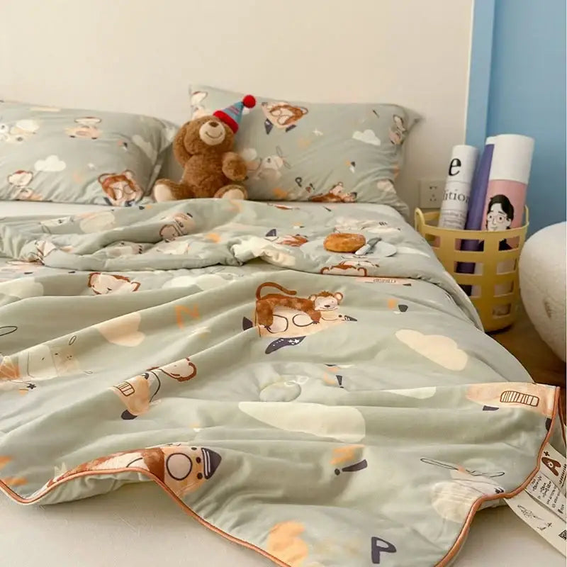 Soft mint-green quilted decorbites children cartoon summer cooling quilt with monkey cloud patterns and peach stitched border