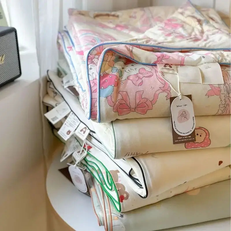 Stack of pastel-colored decorbites children cartoon quilts with embroidered bows and stitched edges for summer cooling