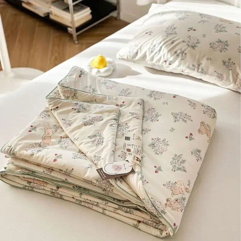 A cream-colored decorbites children cartoon summer cooling quilt with floral bunny pattern and green trim for double bed