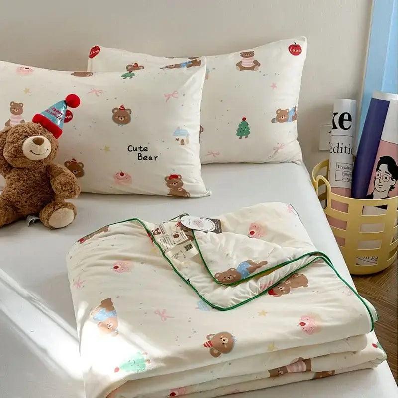 Decorbites children cartoon summer cooling quilt with white fabric green trim and festive bear holiday pattern