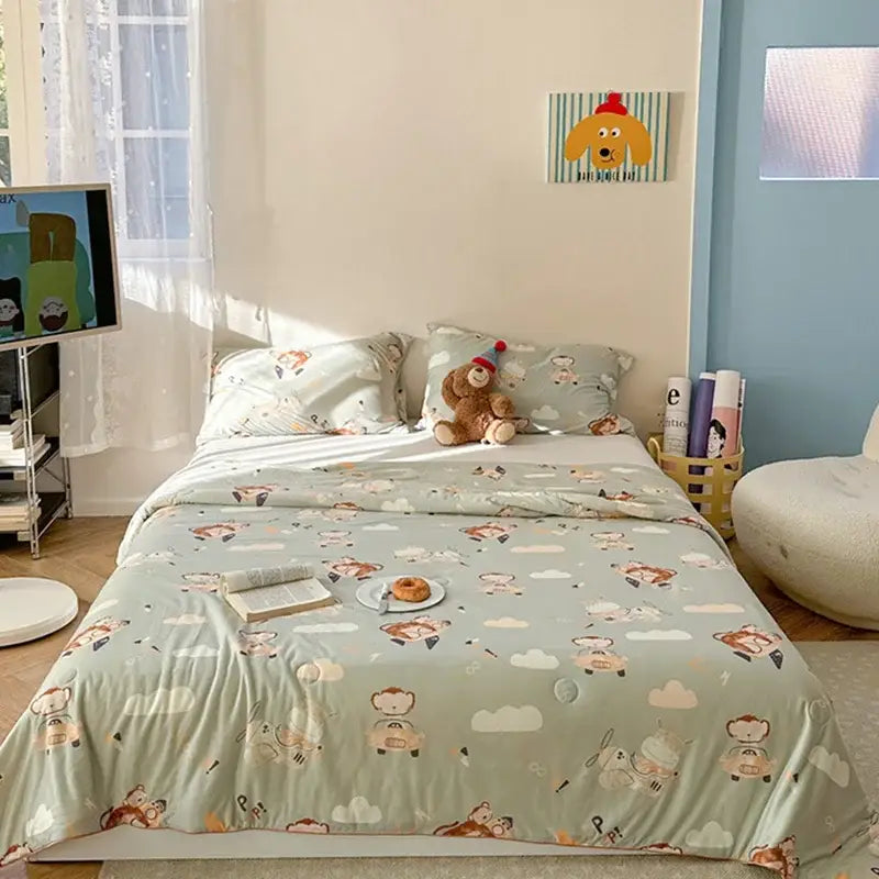 Mint green decorbites children cartoon cooling quilt with playful bears and clouds for double bed breathable duvet