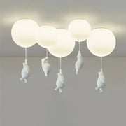 White bear astronaut ceiling chandelier with five spherical globes and dangling figurines for DecorBites children Nordic decor