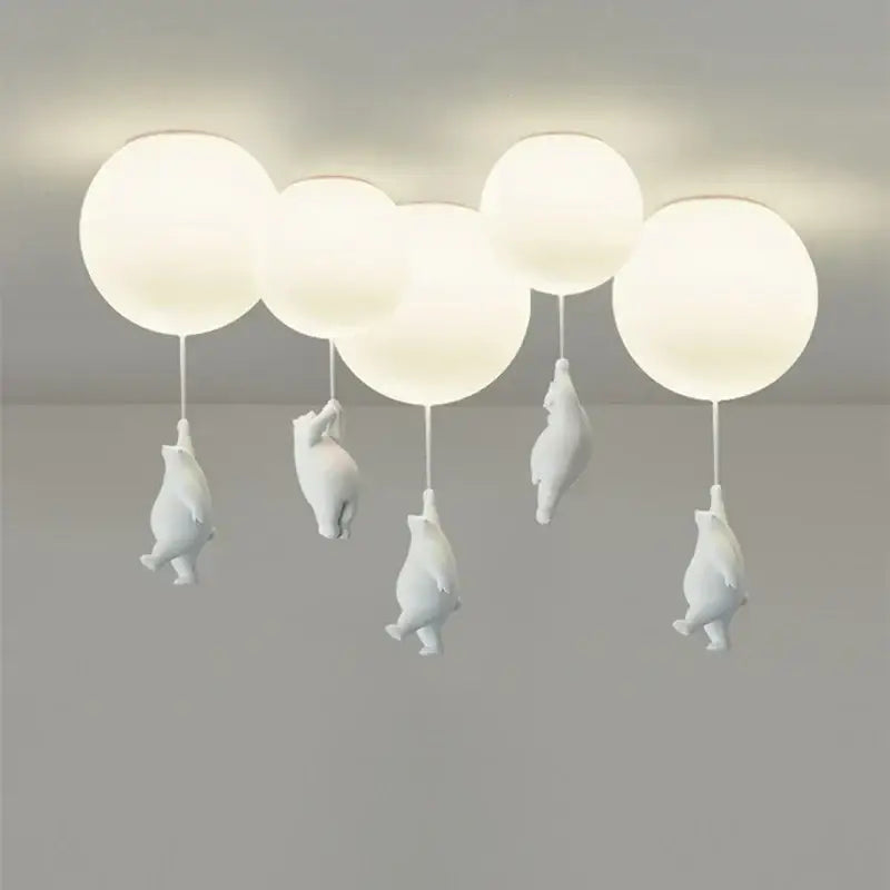 White bear astronaut ceiling chandelier with five spherical globes and dangling figurines for DecorBites children Nordic decor