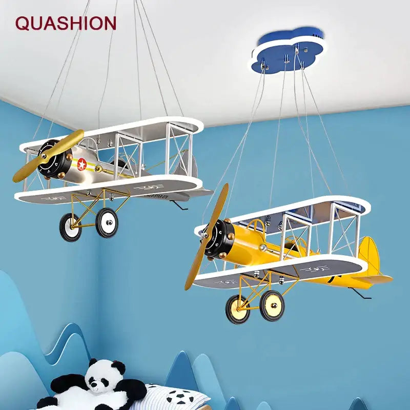 Decorbites™ children’s aircraft led chandelier with silver gold and yellow black whimsical biplane pendant lights