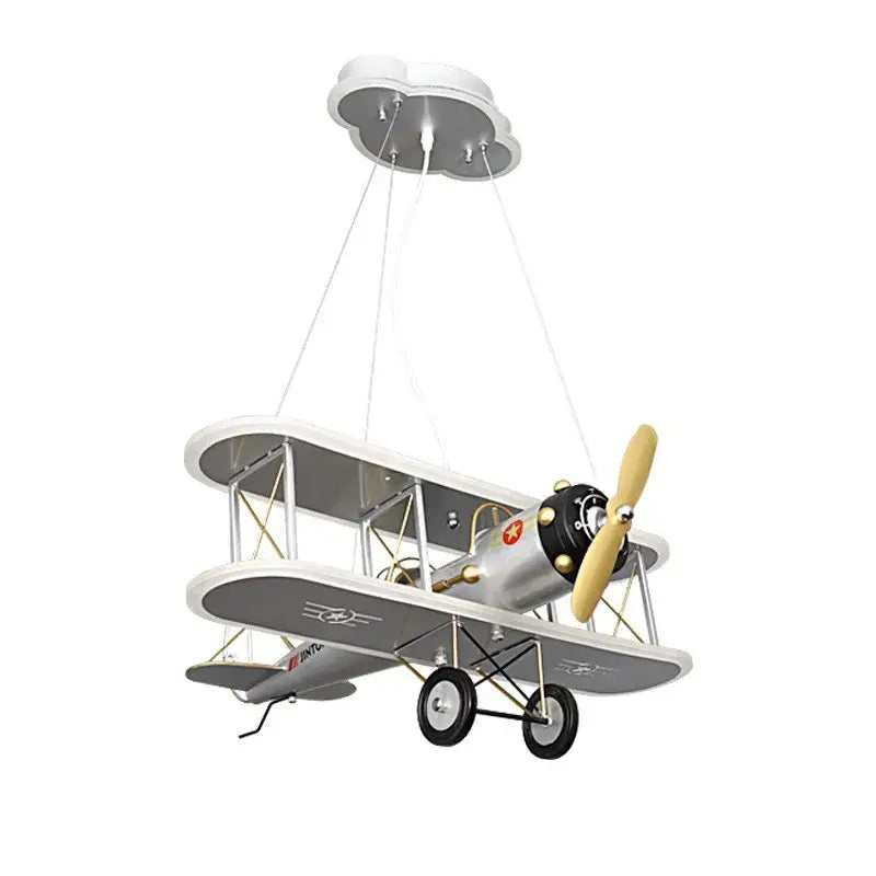 DecorBites™ silver and gray aircraft led chandelier shaped like a biplane with yellow propeller and white cloud fixture